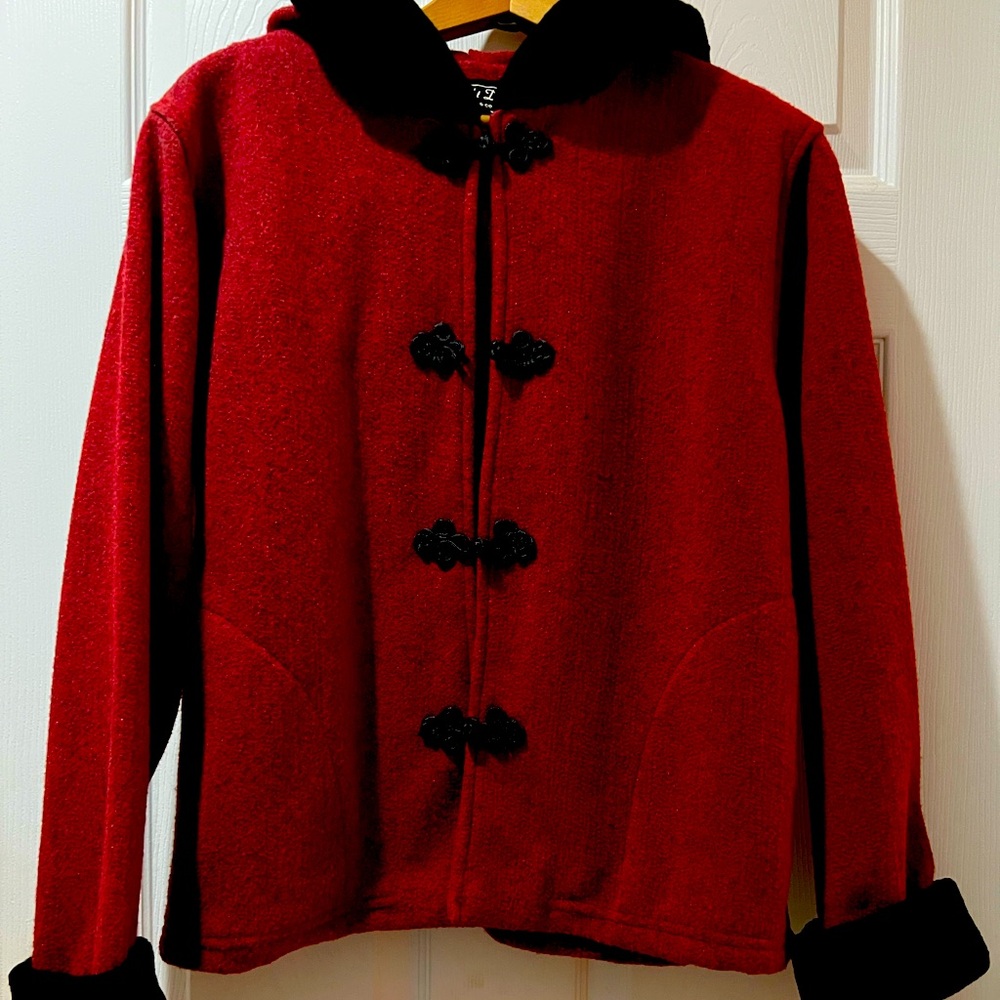 Red Straight Down Acrylic and Polyester Coat with hood and Black Accents
